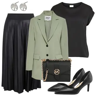 Festival Outfit s Černá/Šedá/Tmavě šedá Sukně do Délky Lýtka/Křesťanská Sukně/Dlouhá Sukně/Maxi Sukně/Midi Sukně/Moderní Sukně/Plisovaná Sukně/Sukně Pro Matriku Vila "Vzhledy pro volný čas"Look: Bar, Koncert, Festival, Zvláštní příležitosti, Divadlo, Matriční úřad