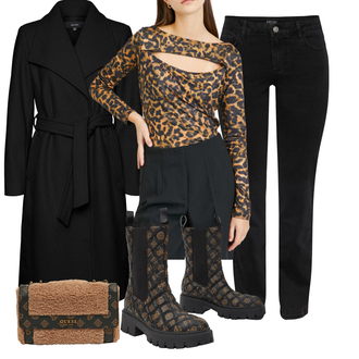 Outfit s Černá/Hnědá/Tmavě Hnědá Klasická kozačka/Plochá Kotníková Bota/Kožená bunda/Vycpaná kozačka/Holínky/Motorkářská bota/Chelsea Boty/Gumová Kotníková Bota/Kotníková Bota s Podšívkou Guess "Cool podzimní outfit"