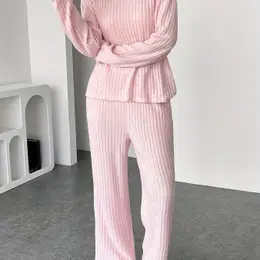 Women's Casual Solid Color V-neck Long Sleeve Top & Waist Pants Set With Pockets - Machine Washable