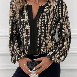 Plus Size Women's Casual V-neck Blouse - Elegant Black And , Long Sleeve, Polyester, Machine Washable - Ideal For , Clothing v-neck Top stretchy