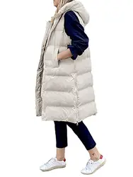 GuliriFe Lange Jacke Weste für Damen Ärmellose Daunenweste Kapuzenweste Lange Steppweste Winteroberbekleidung (Beige, M)