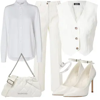 Schicke Outfits Elegant mit Weiß/Creme Mary Jane Schuh/Vintage Pumpe/Slingpump/Hochfrontpump/Kommunionschuh/Schuh Hochzeit/Brautschuh Aldo, Grau/Silber/Weiß Ring Swarovski "Schickes Outfit für die Konferenz"Look: Uni, Stil, Old Money, Elegant, Burlesque, Schick, Classic, Romantisch, Retro, 80er