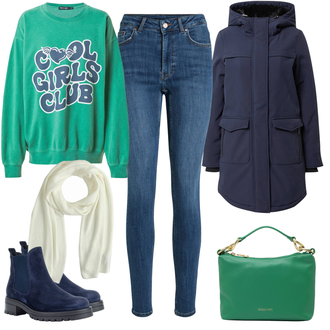 Outfit mit Blau/Dunkelblau/Hellblau Lederjacke/Damen 7/8-Länge Jeans/High Waist Jeans/Jeans mit Schlitz/Push up Jeans/Schlupfjeans/Leder Schuhe/Winterjacke Vila "Trendiger Freizeitlook"