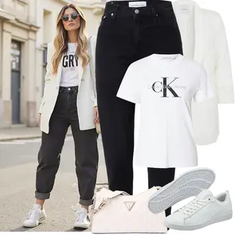 Elegantan, Sportski Ljeto Outfit sa Crna/Plava/Tamnoplava Mom Jean/Ženske Traperice 7/8 Dužine/Skraćene Traperice/Sužene Traperice/Termo Traperice/Zimska jakna/Kožna Jakna/Traperice Standardnog Kroja/Kožne Cipele/High Waist Traperice/Traperice Slim Kroja Calvin Klein Jeans, Siva/Bijela/Krem Tanka tenisica/Niska Tenisica/Kožna tenisica Puma "Proljetni Outfit"Look: Rap, Stil, cool, Francuske, Vanjski, Običan, Old Money, Elegantan, Skater, Hip Hop, Unisex, Sportski, Ležerno, Pametno ležerno, Bad Taste
