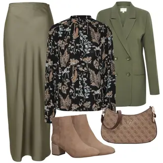 Satin Outfit mit Grau/Dunkelgrün/Khaki/Braun MaxiRock/Wadenlanger Rock/Festlicher Maxi Rock/Langer Rock/Vintage MaxiRock Edited "Eleganter Look"
