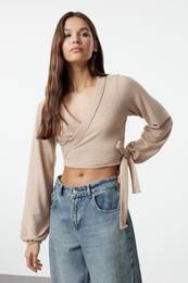 Beige Soft Tie Detailed Long Sleeve Knitted Blouse