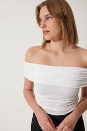 Happiness stanbul Women's White Gathered Open Shoulder Sandy Blouse