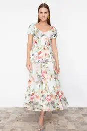 Pink Floral Patterned A-Line Gipe Detailed Maxi Lined Chiffon Woven Dress