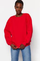 Red Oversize/Relaxed Fit Basic Crew Neck Thick/Polar inside Knitted Sweatshirt