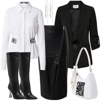 Elegant Outfit mit Schwarz/Weiß Leder Overknee Stiefel/Spitzer Stiefel/Overknee Stiefel/Langer Stiefel/Kniehoher Stiefel/High Heels Stiefel Aldo "Klassischer Businesslook"Look: Elegant