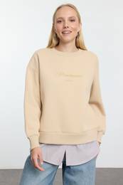 Beige Slogan Printed and Poplin Detailed Relaxed/Comfortable Pattern Knitted Sweatshirt