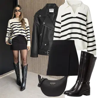 Rock Outfits mit Schwarz/Orange Bikerjacke/Kunstlederjacke/Lederjacke/Motorradjacke Noisy may, Schwarz/Rosa Baguette-Tasche/Gürteltasche/Gürteltasche/Umhängetasche/Brieftasche/Kleine Tasche/Schultertasche Guess, Beige/Braun/Creme/Weiß/Dunkelblau 2-in-1 Pullover/Carmenpullover/Nicki Pullover/Pullover mit Reißverschluss/Gestreifter Pullover Edited, Schwarz A Linien Rock/Cocktail Rock/Moderne Rock/Schuluniform Rock/Unisex Rock/Wickelrock Edited, Schwarz/Braun/Dunkelbraun/Dunkelrot Kniehoher Stiefel/Langer Stiefel/Reitstiefel/Weitschaftstiefel/Stiefel Mit Reißverschluss Tamaris "Frühling outfit"