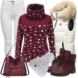 Outfit mit Dunkelrot/Lila/Rot/Bordeaux Klassischer Stiefel/Winter Stiefelette/Leder Stiefelette/Flache Stiefelette/Gefütterte Stiefelette/SchnürStiefelette Rieker "Bequemes Winter Outfit"