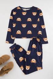 Navy Blue 100% Cotton Teddy Bear Patterned Knitted Pajama Set