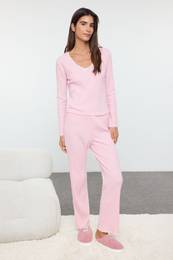 Pink Lace and Ribbon/Bow Detail Ribbed Knitted Pajama Set