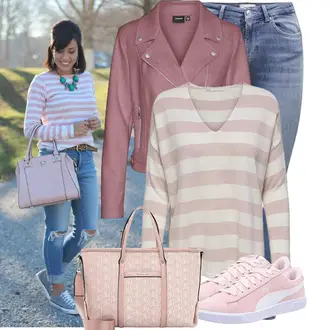 Moderne Outfit mit Lila/Rosa Motorradjacke/Lederjacke/Jacke mit Seitlichem Reißverschluss/KunstLederjacke/Bikerjacke VERO MODA "Outfit für den Frühling"Look: Rock N Roll, Moderne, 70er, Trendige, 60er, Egirl, Schick