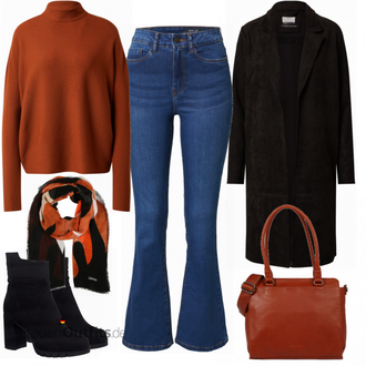 High waist Outfit mit Blau/Fliederfarben/Dunkelblau/Hellblau T-Shirt/Damen 7/8-Länge Jeans/Schlaghose Jeans/High waist Jeans/Jeans mit Schlitz/Leder Schuhe Noisy may "Schicker Herbstlook"