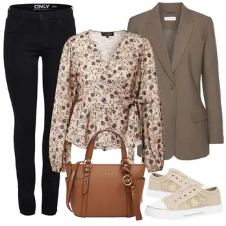 Outfit s Hnědá/Béžová Halenka s Mašlí/Vzorovaná Halenka/Zavinování Halenka/Halenka s Potiskem/Rozverná blůza/Halenkový Top/Carmen Blůza/Zavazovací Halenka/Neobvyklá Halenka/Dětská hračka in the style "Vzhledy pro volný čas"