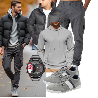 Outfit mit Dunkelgrau/Grau/Hellgrau Übergangsjacke/Verstaubare Jacke/Kunstfaserjacke/Kapuzenjacke/Winterjacke/Daunenjacke/Puffer Jacke Behype "Freizeit Outfit"