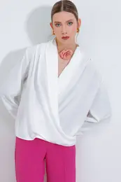 Women's White Double Breasted Collar Flowing Satin Blouse 0492