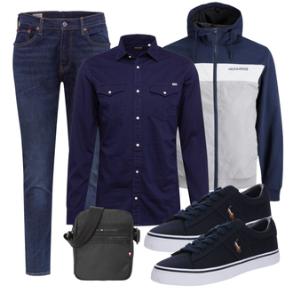 Vintage Outfit mit Blau/Dunkelblau/Hellblau Hose Große Größe/Slim Fit Jeans/Damen 7/8-Länge Jeans/Tapered-Jeans/Knöchelstiefel/Cropped Jeans/Winterjacke/Lederjacke/Girlfriend Jeans/Leder Schuhe/Push up Jeans/Caprijeans/Regular-Fit Jeans levi's ® "Freizeit Outfit"Look: Uni, Coole, Schlichte, Französische, Vintage, Classic