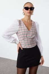 Dusty Rose Crop Fitted Tweed Woven Blouse
