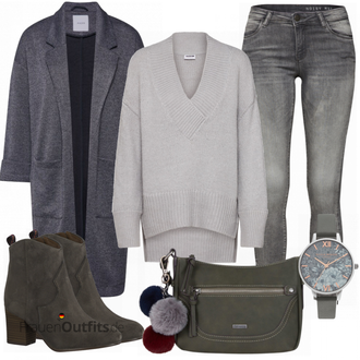 Outfit mit Grau/Hellgrau/Dunkelgrau Übergangsmantel/Bouclé Mantel/Kaschmir Mantel/Lodenmantel/Langer Mantel/Midi Mantel/Oversize Mantel/Tweed Mantel/Wollmantel/Wintermantel Wollmantel Pieces "Noisy May Pullover"