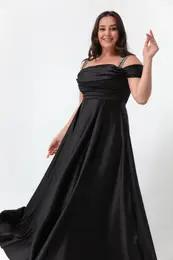 enski rni kamniti trak Draped plus velikost dolga veerna obleka