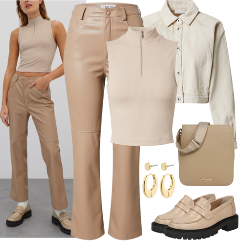 Beige/Khaki/Braun Bootcut Pant/Lederimitathose/Leder Schlaghose/Hose mit Schlitz Edited kombinieren