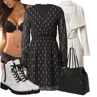 Outfit mit Schwarz/Dunkelgrau/Grau/Dunkelgrün Blusenkleid/Kleid mit Gürtel/Herbstkleid/Langärmliges Winterkleid/Langarm Etuikleid/Standesamt Kleid/Tunika Kleid About You "Toller Look für die Freizeit"
