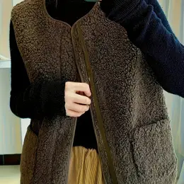 Women's Casual Short Sleeveknitted Vest With Zipper Front, Solid Color Knitted Polyester Vest With Pocket, Round Neck, Adult Unisex Fall/winter
