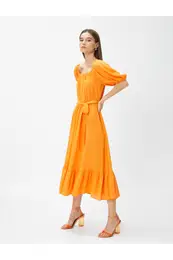 Layered Midi Length Dress With Open Shoulder Belt