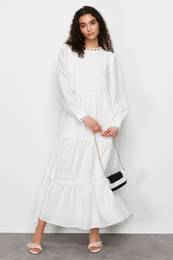 White Lined Embroidery Detailed Woven Dress