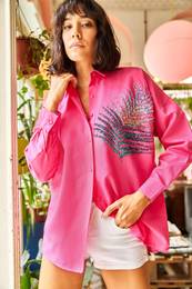Women's Fuchsia Palm Sequin Detailed Oversize Woven Poplin Shirt