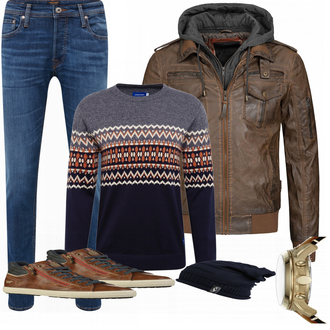 Outfit mit Rot Lederjacke Indicode Jeans "MUSTANG"