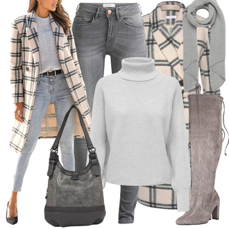 Outfit mit Grau/HellGrau/Braun/Beige Overknee Stiefel/High Heels Stiefel/Kniehoher Stiefel/Leder Overknee Stiefel/Langer Stiefel/Spitzer Stiefel/Stiefel Mit Reißverschluss About You "Perfekt für den Winter"