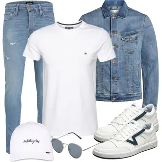Vintage Outfit mit Blau/Hellblau Damen 7/8-Länge Jeans/Knöchelstiefel/Girlfriend Jeans/Jeans mit Schlitz/Jeans mit Loch/Low Rise Jean/Lederjacken/Lederjacke/Slim Fit Jeans/Tapered-Jeans Jack & Jones "Alltags Outfit"Look: Uni, Classic, Coole, Moderne, Schön, Old Money, Premium, Retro, Vintage