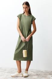 Khaki Plain T-shirt Dress 100% Cotton Moon Sleeve Shift/Relaxed Cut Midi Midi Dress