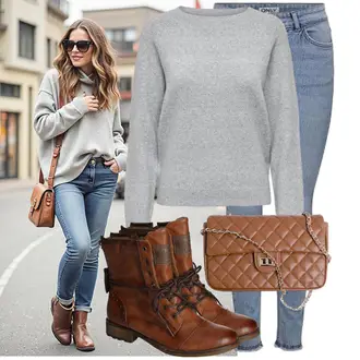 Biker Outfit mit Braun/Dunkelbraun/Orange Leder Stiefelette/Gefütterte Stiefelette/Flache Stiefelette/Vintage Stiefelette/Biker Boot/SpringerStiefel/SchnürStiefelette Mustang "Schönes Frühlingsoutfit"