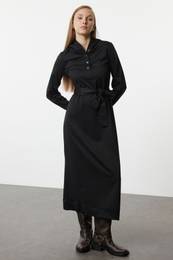 Black Hooded Regular Fit Knitted Dress
