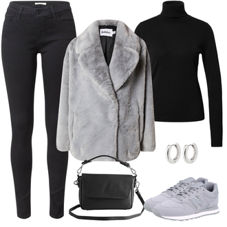 Outfit mit Hellgrau/Grau Kunstpelz Mantel/Pelzmantel/Lamahaar-Mantel/Teddy Mantel/Pelzjacke/Schlupfjacke/Kunstpelzjacke/Teddy Jacke JAKKE "Fell Freizeitlook"