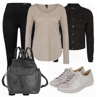 Outfit mit Schwarz Lederjacke/Cord Legging/High Waist Legging/Strick Legging/Gefütterte Leggings/Lederjacke/Thermohose/Treggings/Warme Leggings/Biker Jeans/Thermojeans VERO MODA "VERO MODA day"