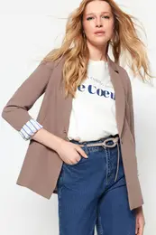Mink Regular Lining Detailed Woven Blazer Jacket