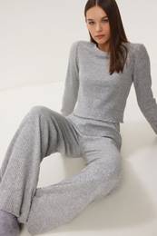 Happiness stanbul Women's Gray Melange Soft Crop Loose Pants Knitted Suit