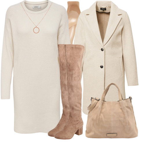 Beige/Creme/Weiß/Khaki/Braun Langes Strickkleid/Langarm Etuikleid/Pulloverkleid/Winter Strickkleid/Kaschmir-Strickjacke/Morgenmantel/Lange Strickjacken/Rundhals-Strickjacke Only kombinieren mit Braun/Beige Overknee Stiefel/Flache Overknee Stiefel/Kniehoher Stiefel/Leder Overknee Stiefel/Langer Stiefel About You