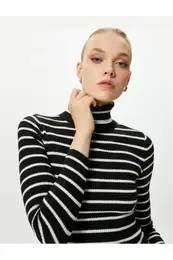 pletenine Pulover Turtleneck Dolg rokav Rebrasta tekstura kamirja