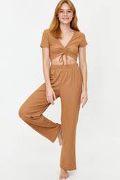 Dark Beige Ruffle Detailed Wrinkled Tshirt-Pants Knitted Pajama Set