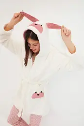 Ecru Belted Animal Figured Pocket Hooded Wellsoft Winter Knitted Dressing Gown