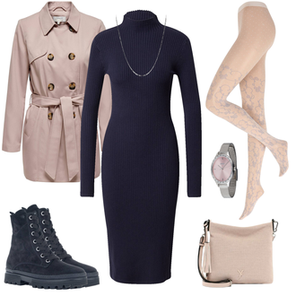 Business Outfits Business, Casual mit Dunkelblau Hochgeschlossenes Kleid/Langes StrickKleid/PulloverKleid/RollkragenKleid/Winter StrickKleid Edited "Bequemer Businesslook"Look: Uni, Rad, Burlesque, Business, Maritim, Büro, Overdressed