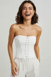 White Tie Detail Strapless Woven Bustier